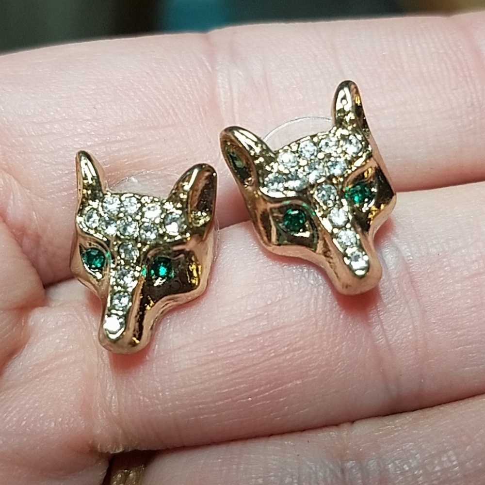 Green Eyed Fox Earrings Silver or Gold Tone